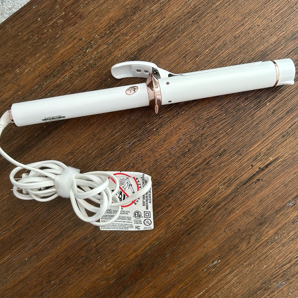 T3 single pass White Curling Iron with Rose Gold Accents + Conair beach waver